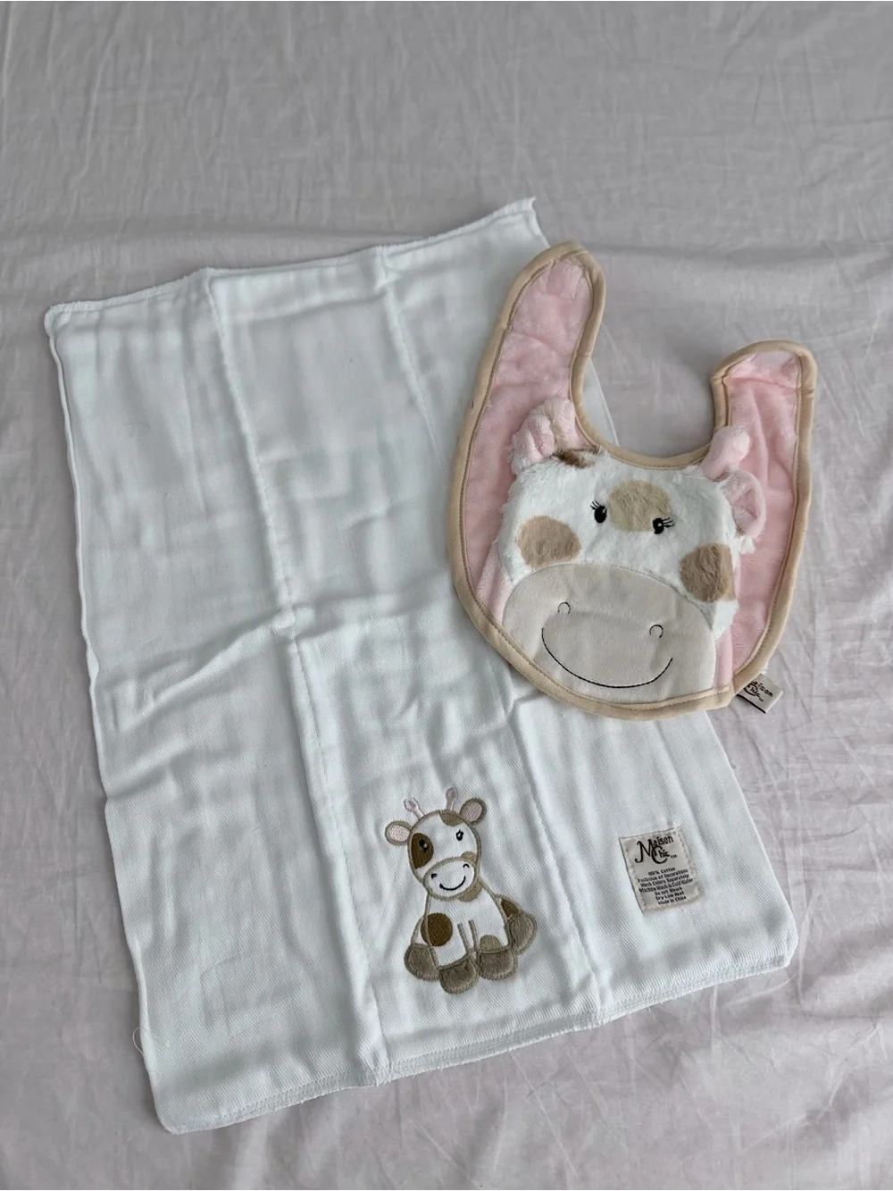 NWOT Baby Bib and Burp Cloth Set - Pink and White Cow Design